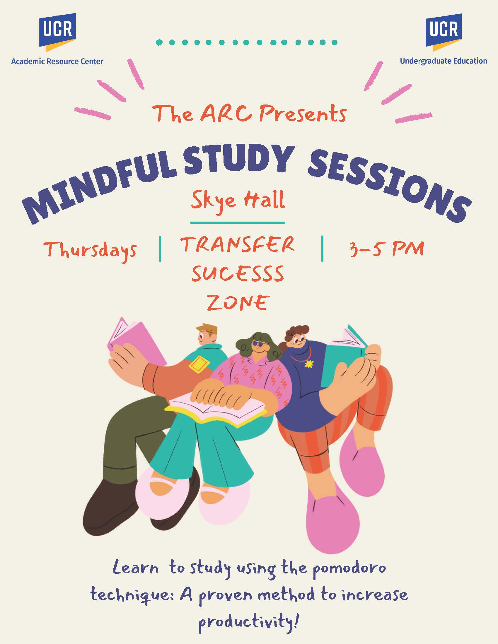 Flyer for Mindful Study sessions: Thursdays, Transfer Success Zone, 3-5pm. Learn to study using the pomodoro technique: A proven method to increase productivity.