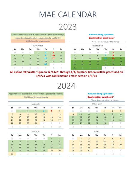 MAE Calendar from Nov 2023 to April 2024