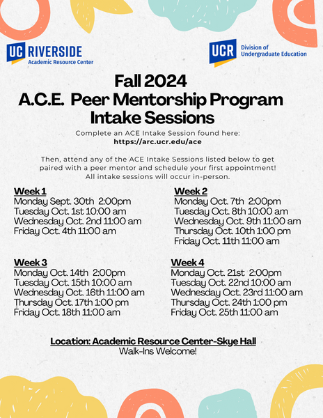 Fall 2024 A.C.E. Peer Mentorship Program Intake Sessions. Complete an ACE Intake Session, then, attend any of the ACE Intake Sessions listed below to get paired with a peer mentor and schedule your first appointment. All intake sessions will occur in-person. Dates can be accessed through Intake assessment form above.